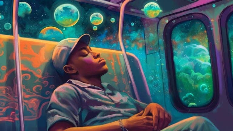 Junger Mann schläft in der U-Bahn über seinem Kopf Blasen mit lebhaften Träumen (Foto: Adobe Stock, bluebeat76)
